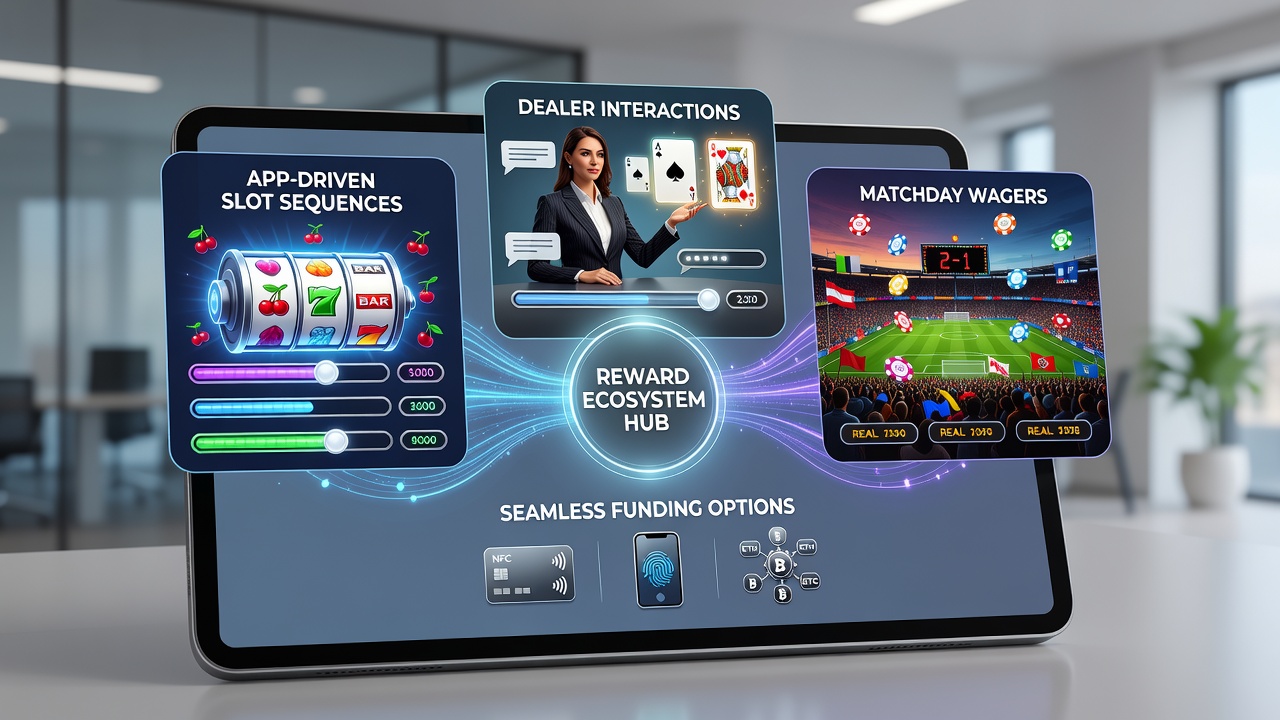 Mobile app interface displaying integrated rewards across slots, live dealer tables, and sports betting with instant deposit options