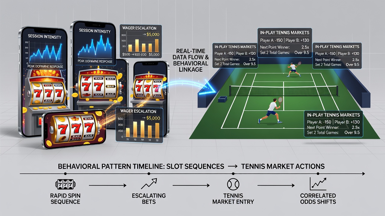 Analytics dashboard overlay on tennis court image showing user session transitions between slots and live betting