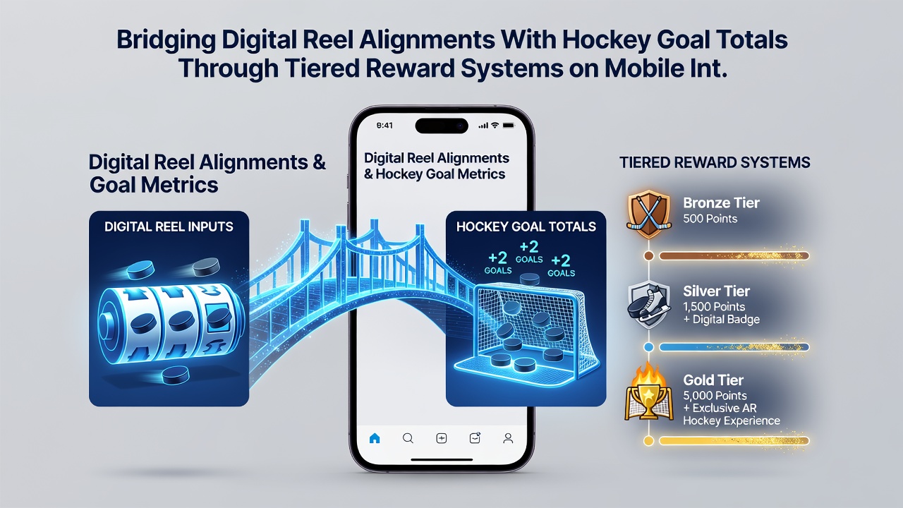 Close-up of tiered reward levels displayed on a smartphone screen with hockey stats and slot reel examples