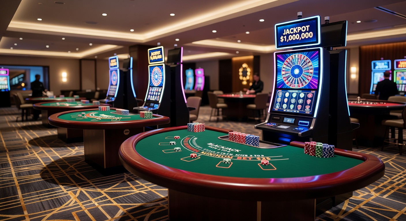 A bustling casino floor filled with roulette wheels spinning, blackjack tables in action, and colorful slot machines lighting up the night