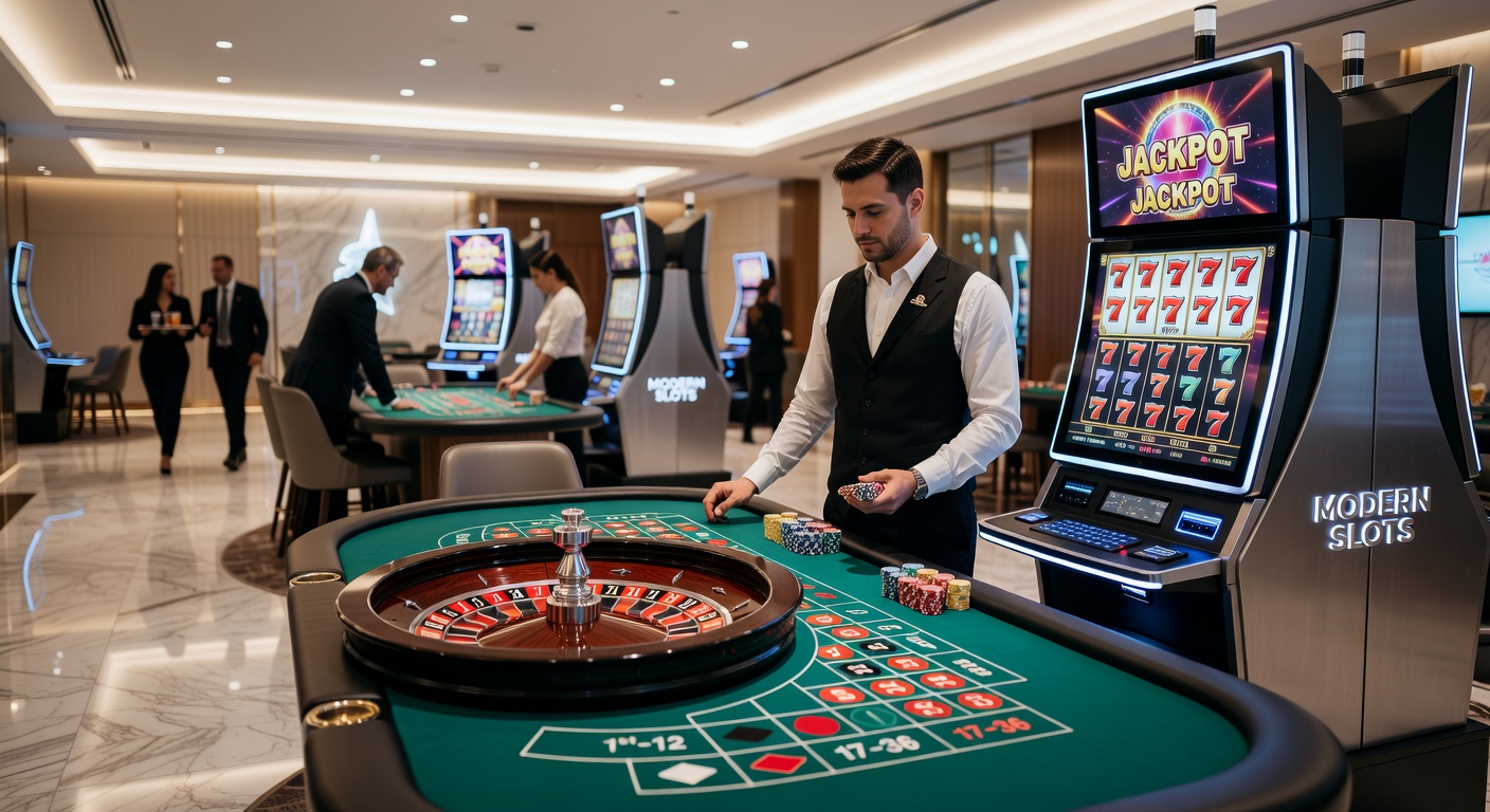 Close-up of a blackjack table with cards dealt, chips stacked high, and players focused on their hands amid a lively casino atmosphere