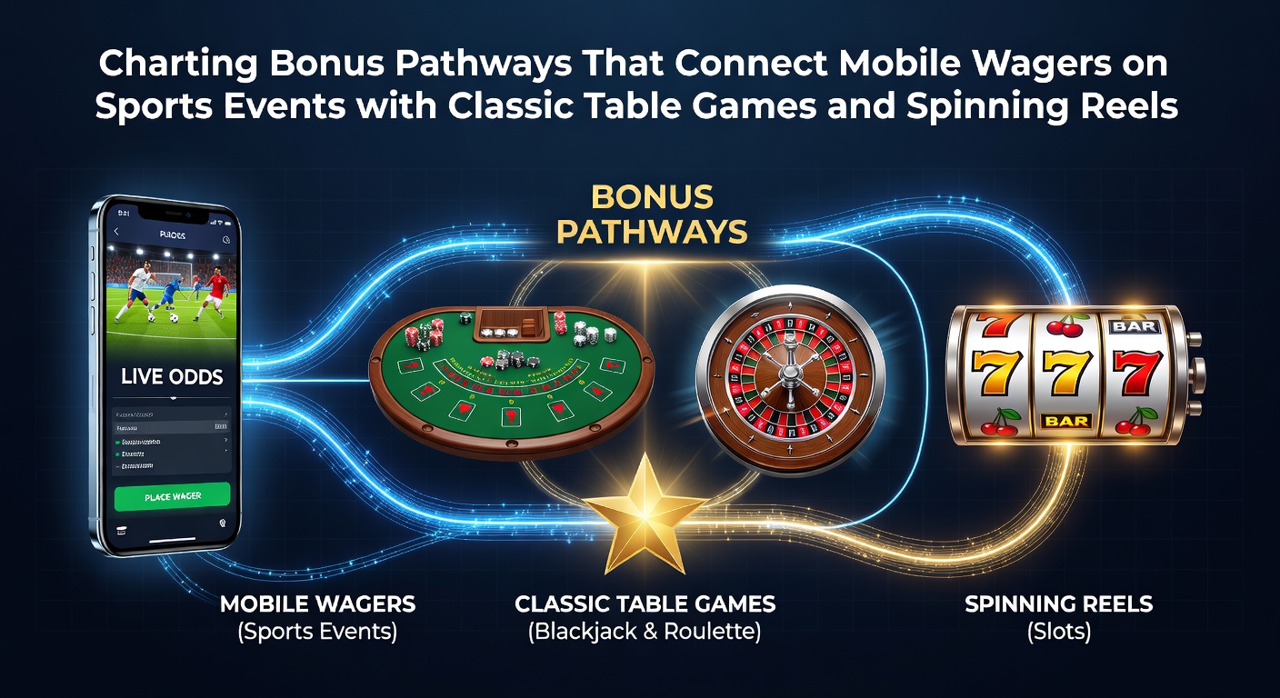 Mobile app interface showing connected bonus pathways between sports wagers, blackjack tables, and slot reels