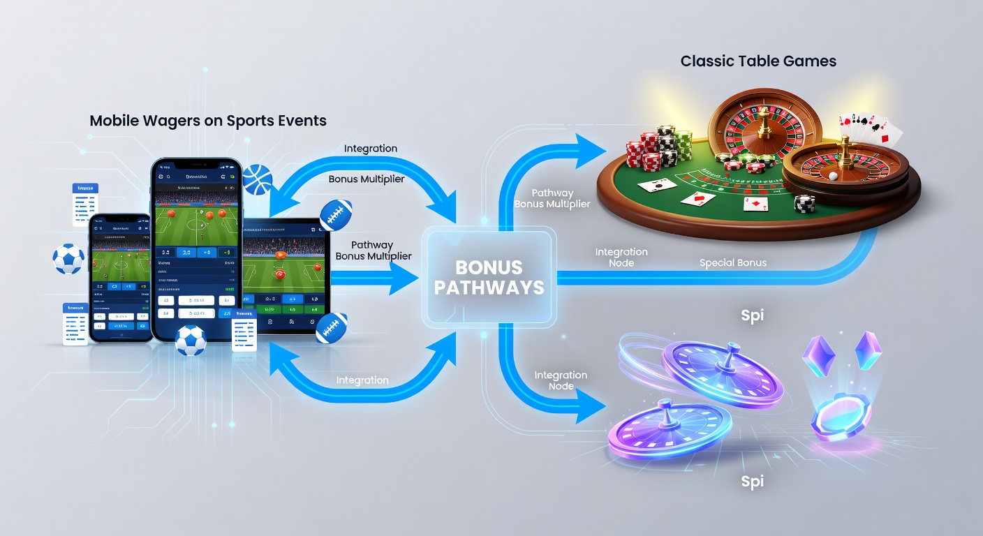 Illustration of bonus flow from mobile sports bet to live casino table and slot machine interface