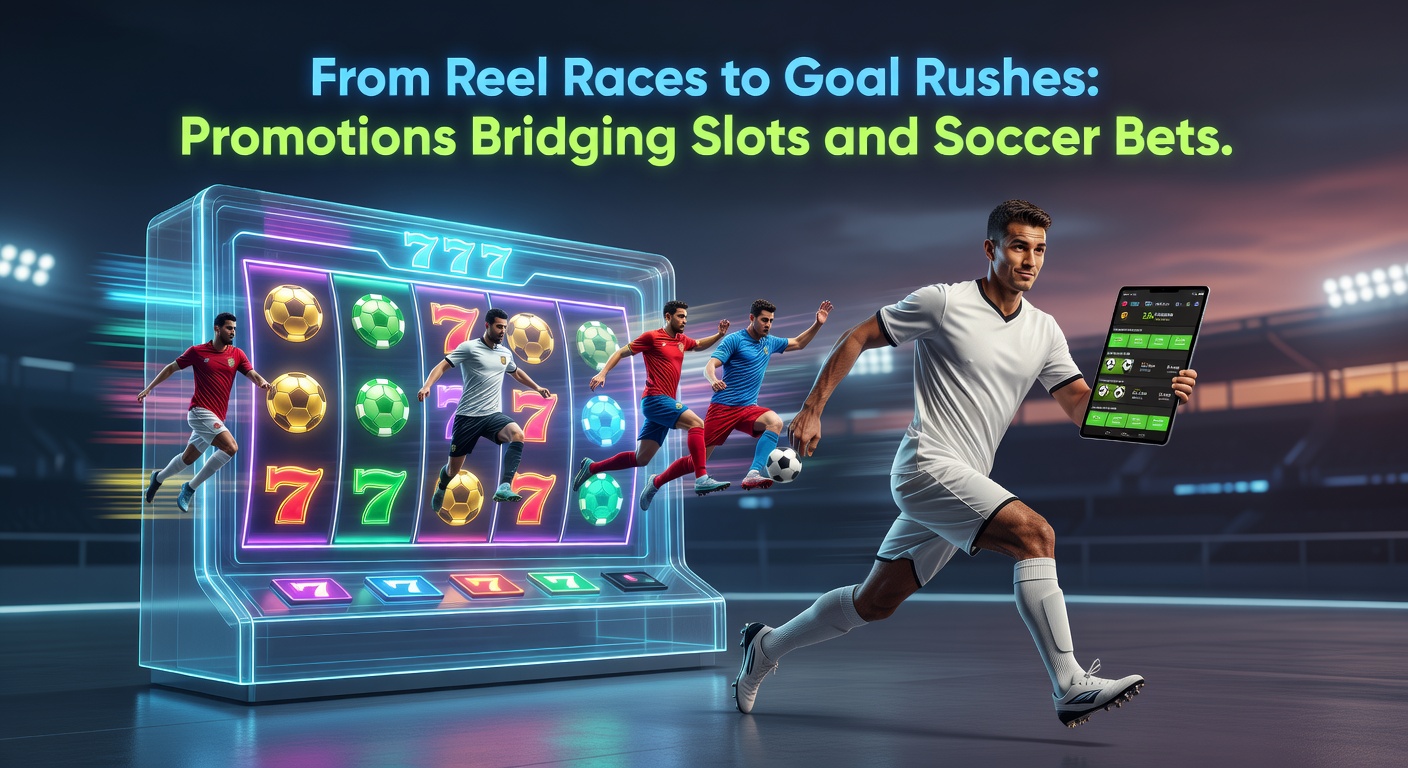 Dynamic split-screen graphic of slot machine reels exploding with wins next to soccer players celebrating a goal rush, illustrating promotional crossovers