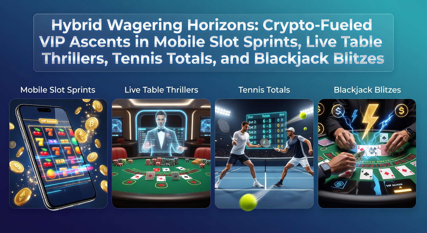 Dynamic digital collage showing cryptocurrency icons merging with mobile slot reels, live dealer blackjack tables, tennis courts, and VIP ladders ascending through glowing horizons