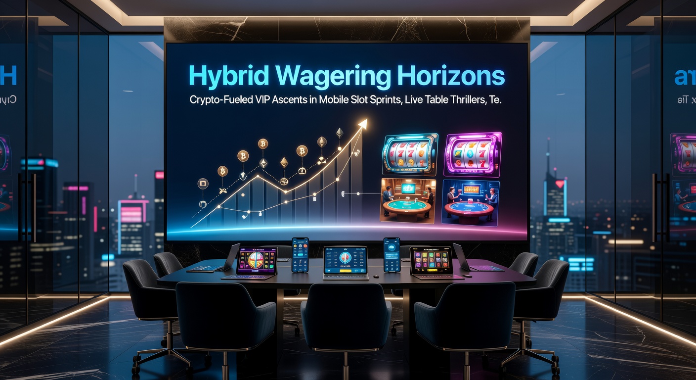 Vibrant scene of a live dealer at a blackjack table with cryptocurrency symbols overlayed on player screens, tennis scoreboards, and slot reels in the background, evoking hybrid VIP excitement