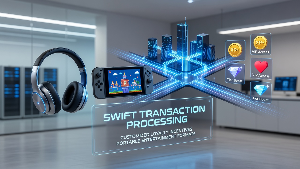 Mobile entertainment platforms showing integrated payment systems and loyalty reward interfaces on portable devices