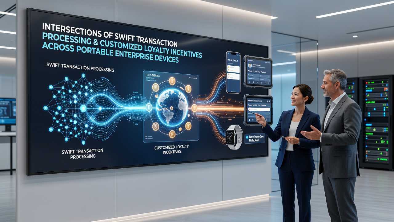 Illustration of portable device screens displaying synchronized loyalty rewards and instant transaction confirmations