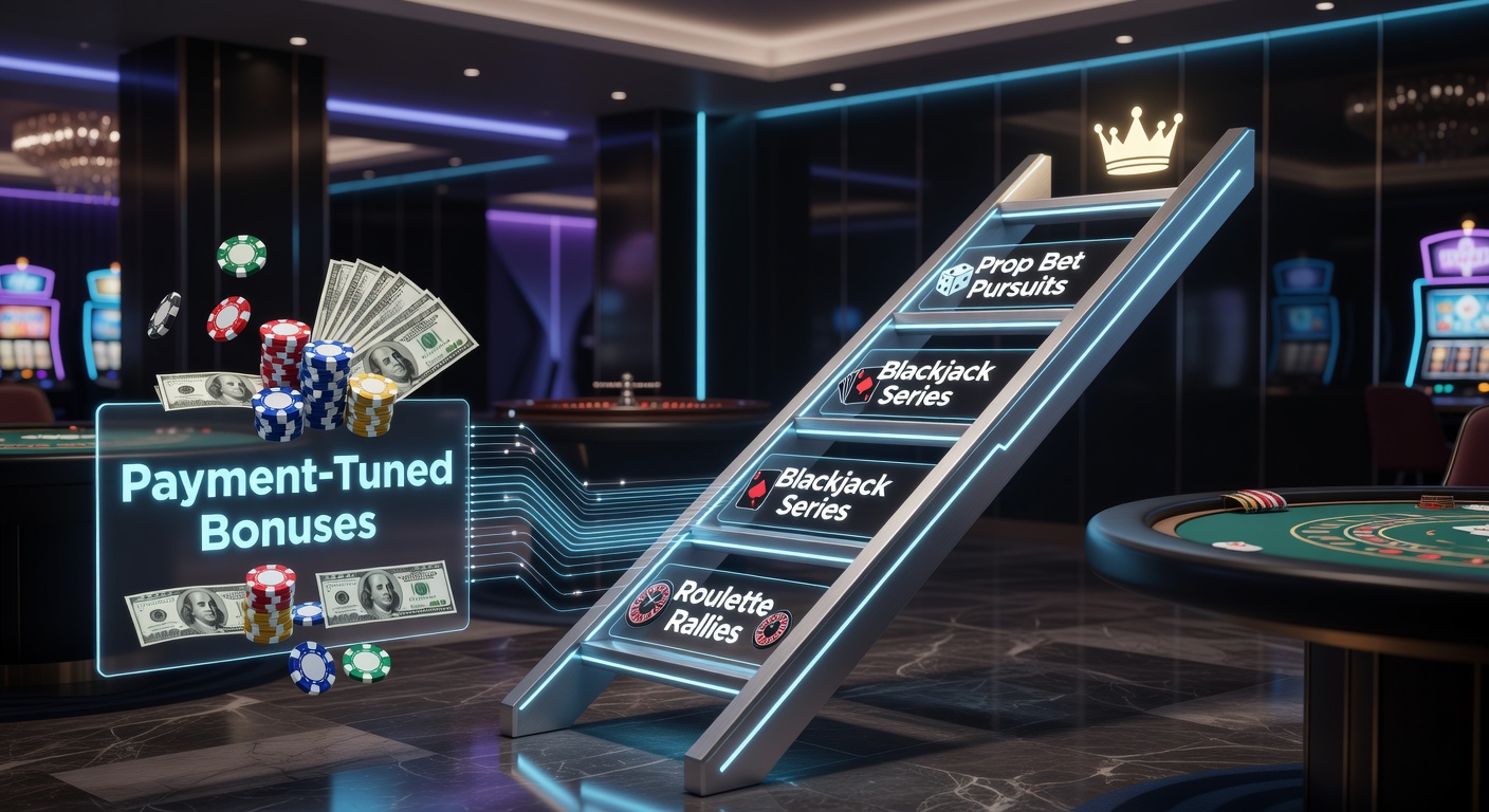 Players climbing a stylized loyalty ladder amidst roulette wheels, blackjack tables, and prop bet icons, with glowing payment streams boosting their ascent