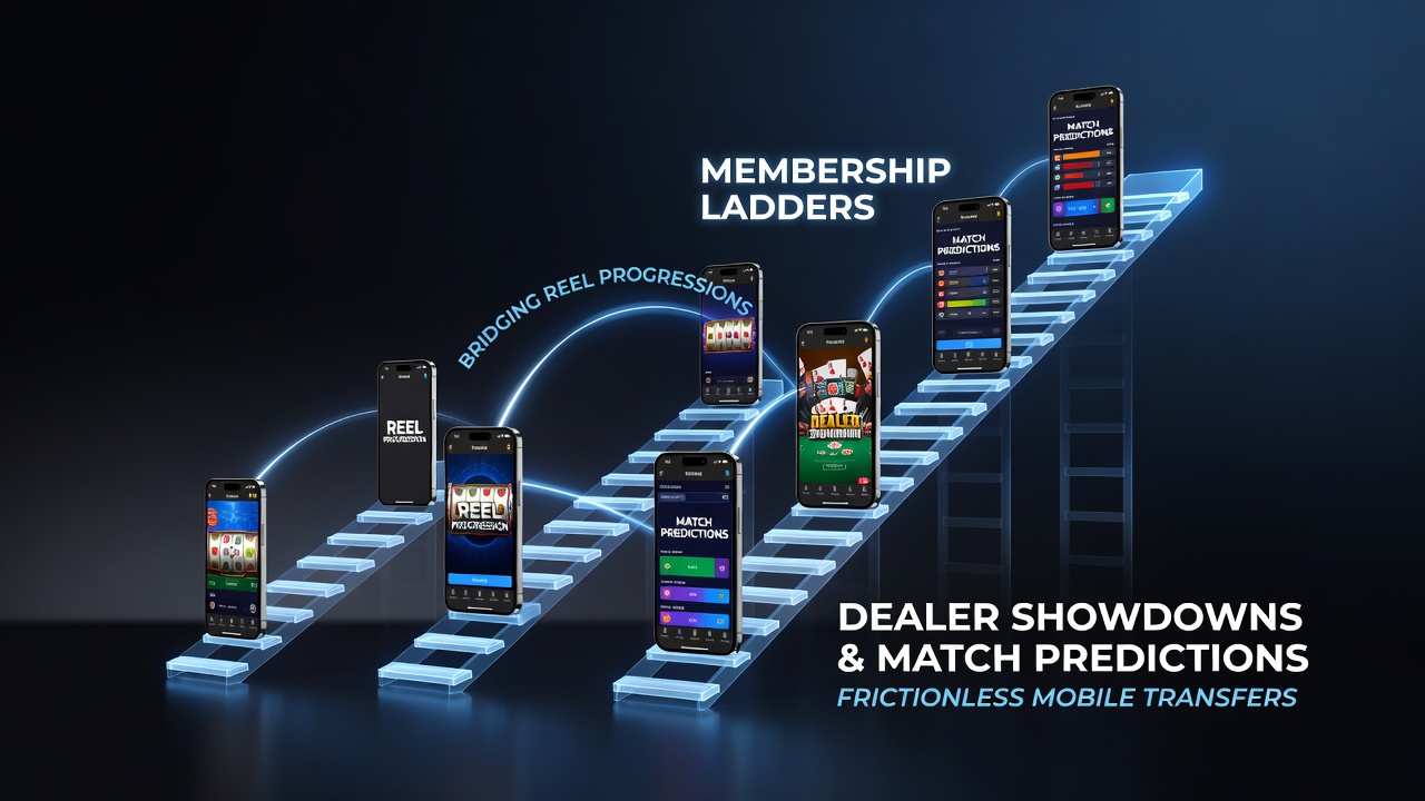 Mobile app interface showing tiered membership progression from slot reels to live dealer tables and sports predictions