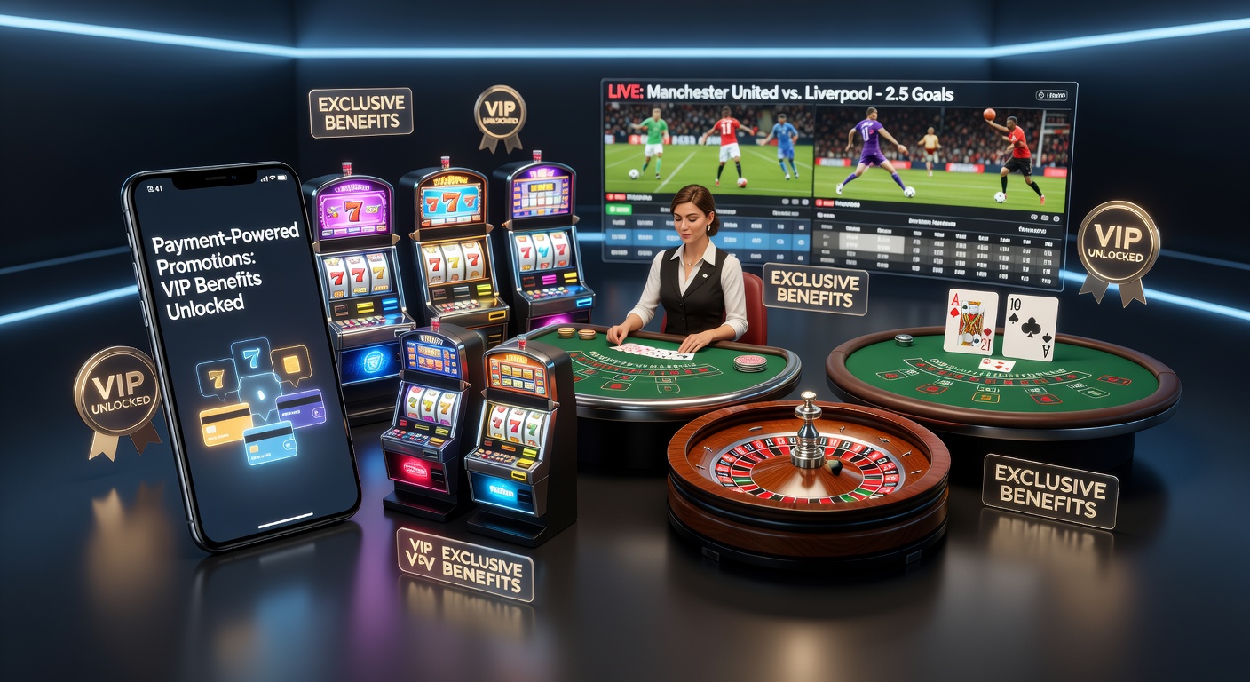 Vibrant mobile screen showing VIP rewards overlay on slot reels, live dealer table, and sportsbook odds, with payment icons highlighting instant deposit perks
