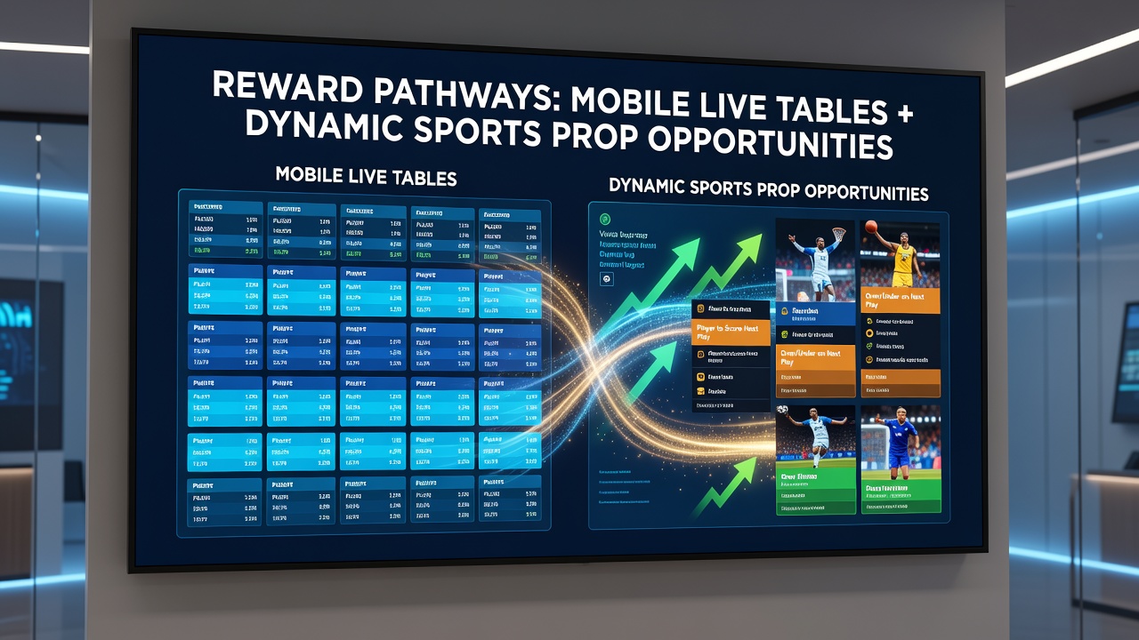 Dashboard view of reward pathways connecting live table sessions to sports prop opportunities with progress trackers