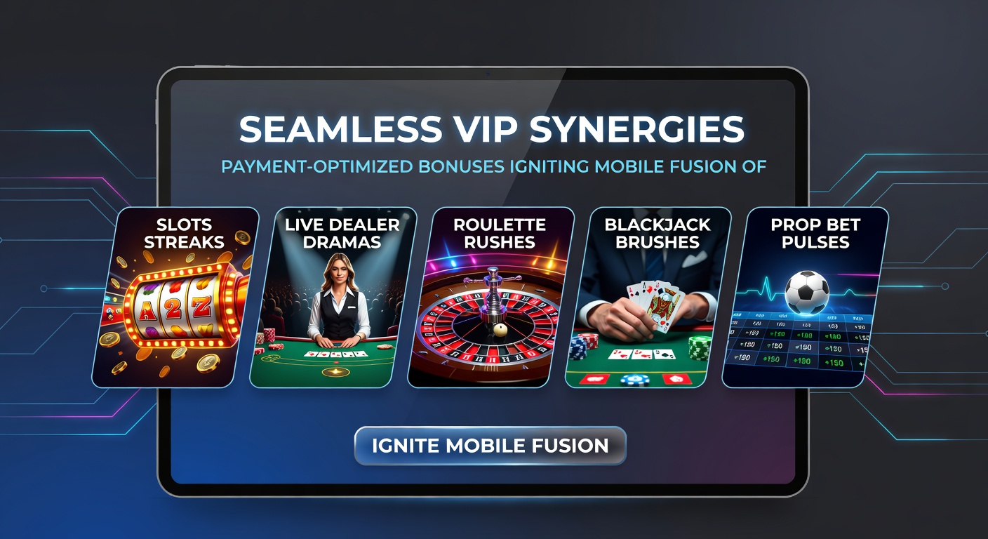 Vibrant mobile screens displaying fused slots, live dealers, roulette wheels, blackjack tables, and prop bet interfaces under glowing VIP bonus overlays