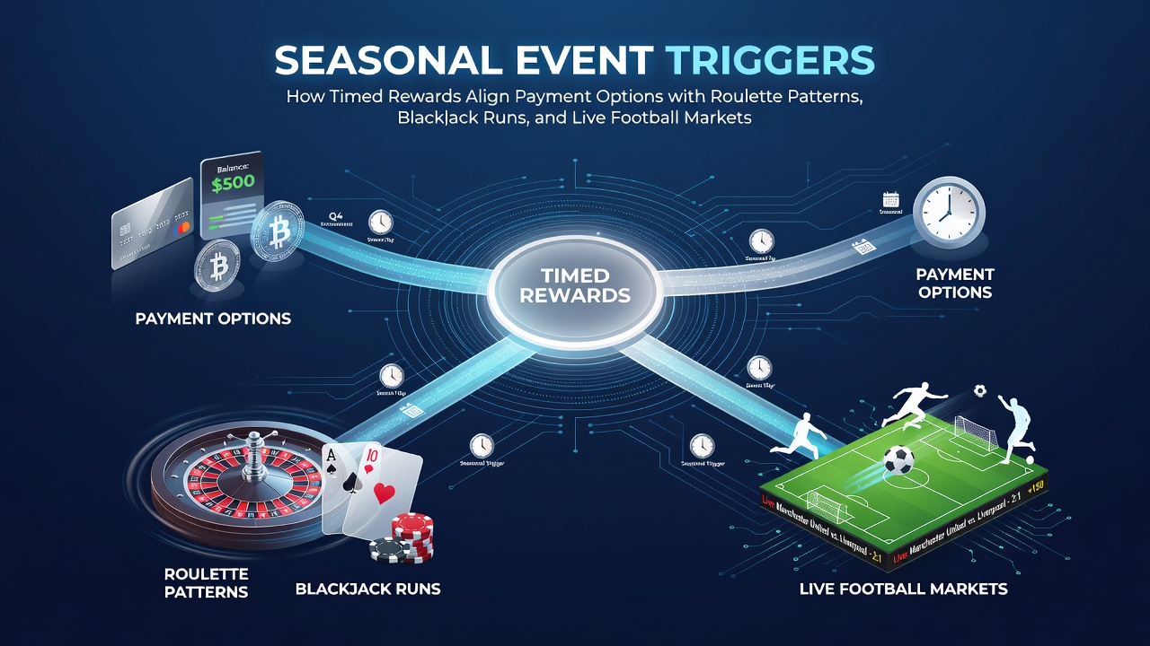 Seasonal event triggers showing timed reward alignments across roulette, blackjack, and live football betting interfaces