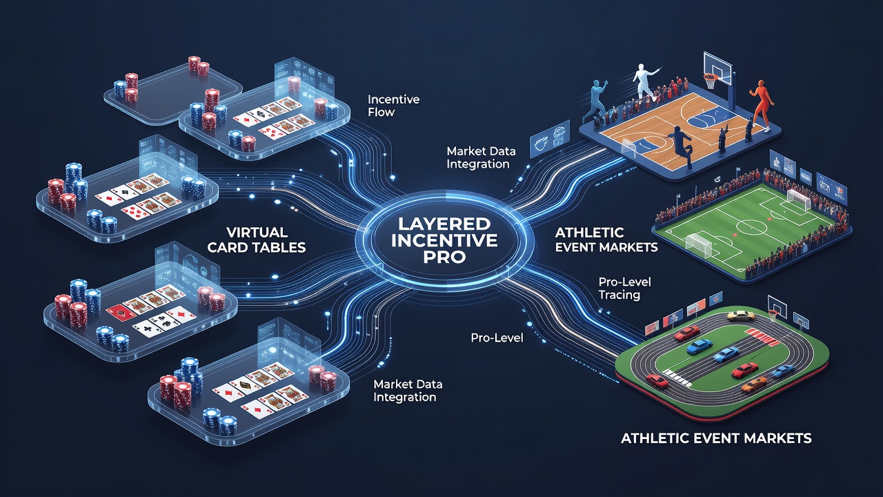 Infographic illustrating layered incentive flows between digital card tables and sports event markets on mobile devices