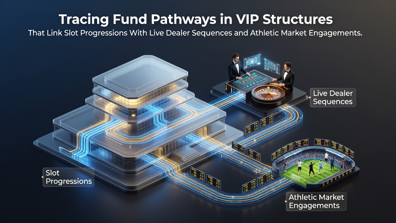 Diagram showing fund pathways through VIP tiers connecting slot progressions, live dealer tables, and sports market wagers